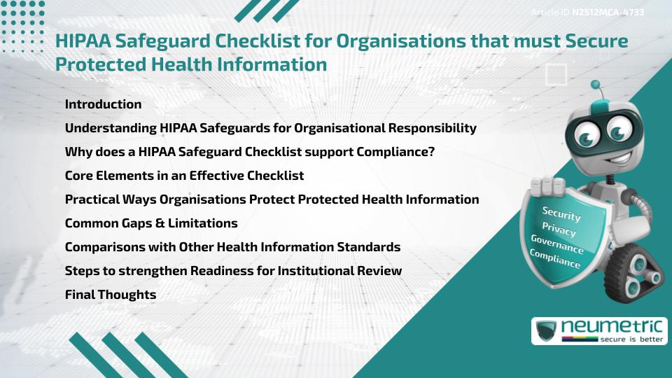 HIPAA Safeguard Checklist for Organisations that must Secure Protected Health Information